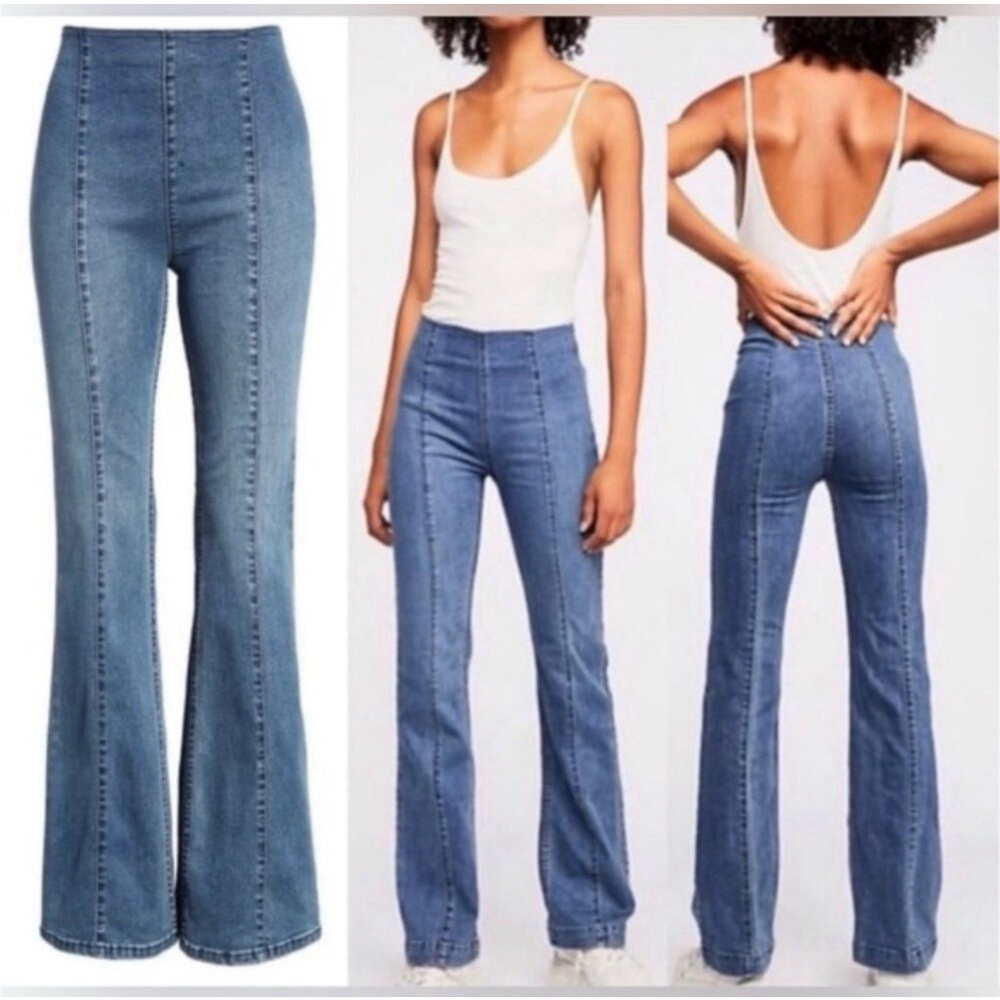 We The Free Good Luck Pull-On Flare Jeans Light Wash Seamed Mid-Rise 25 *READ*